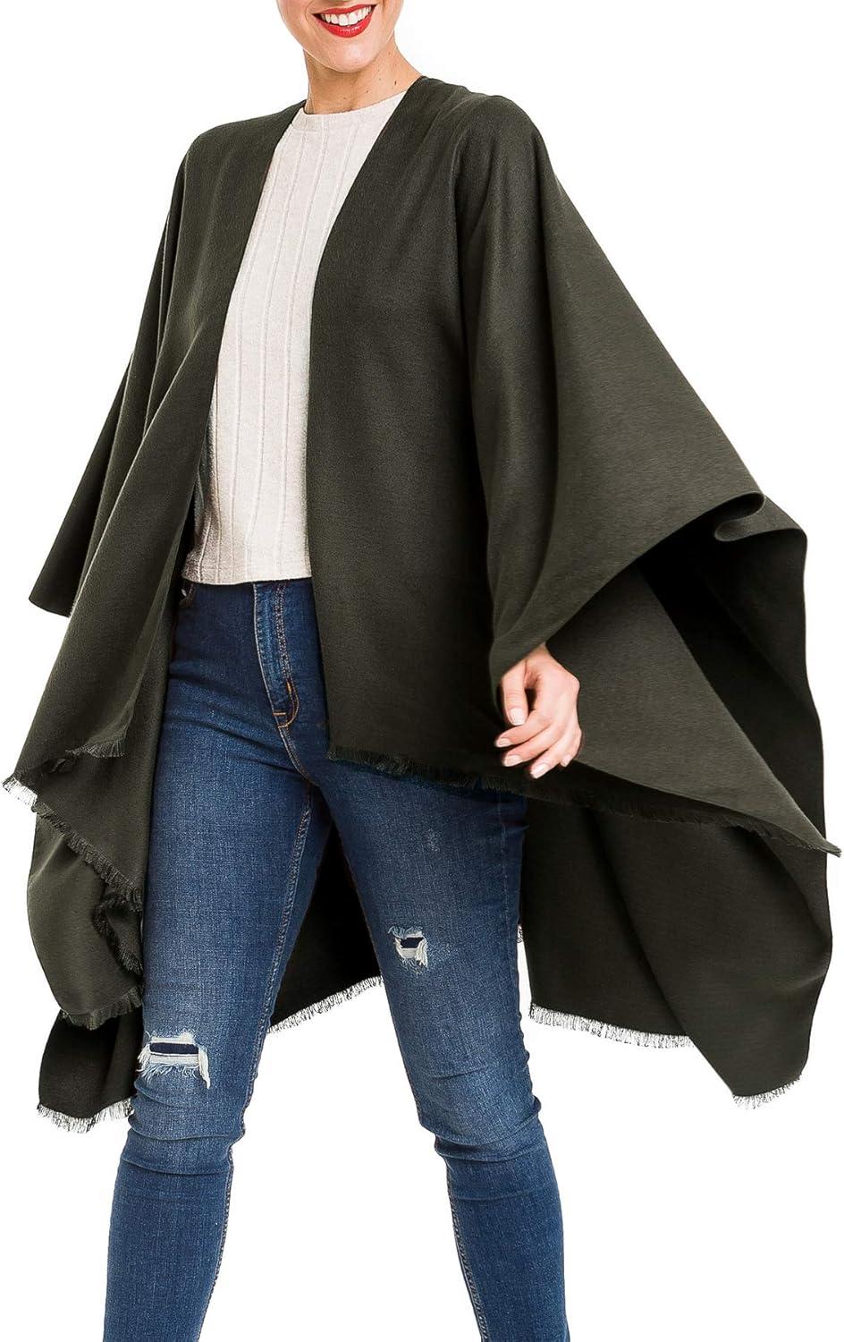 imageWomens Shawl Wrap Poncho Ruana Cape Cardigan Sweater Open Front for Travel Flight CruisesSolid Color Design  Green