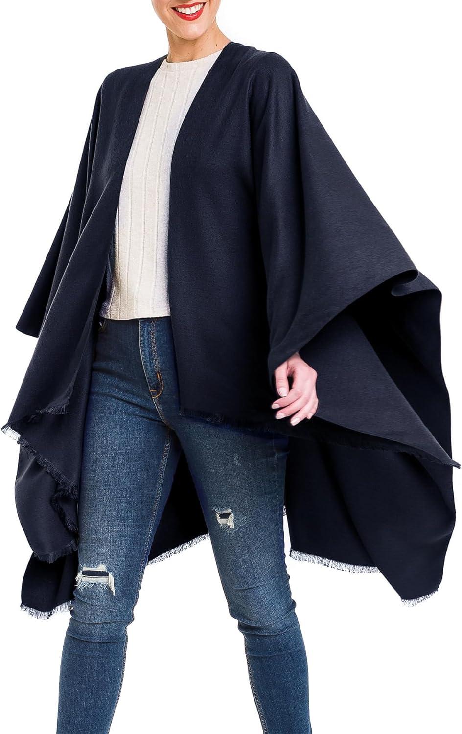 imageWomens Shawl Wrap Poncho Ruana Cape Cardigan Sweater Open Front for Travel Flight CruisesSolid Color Design  Navy