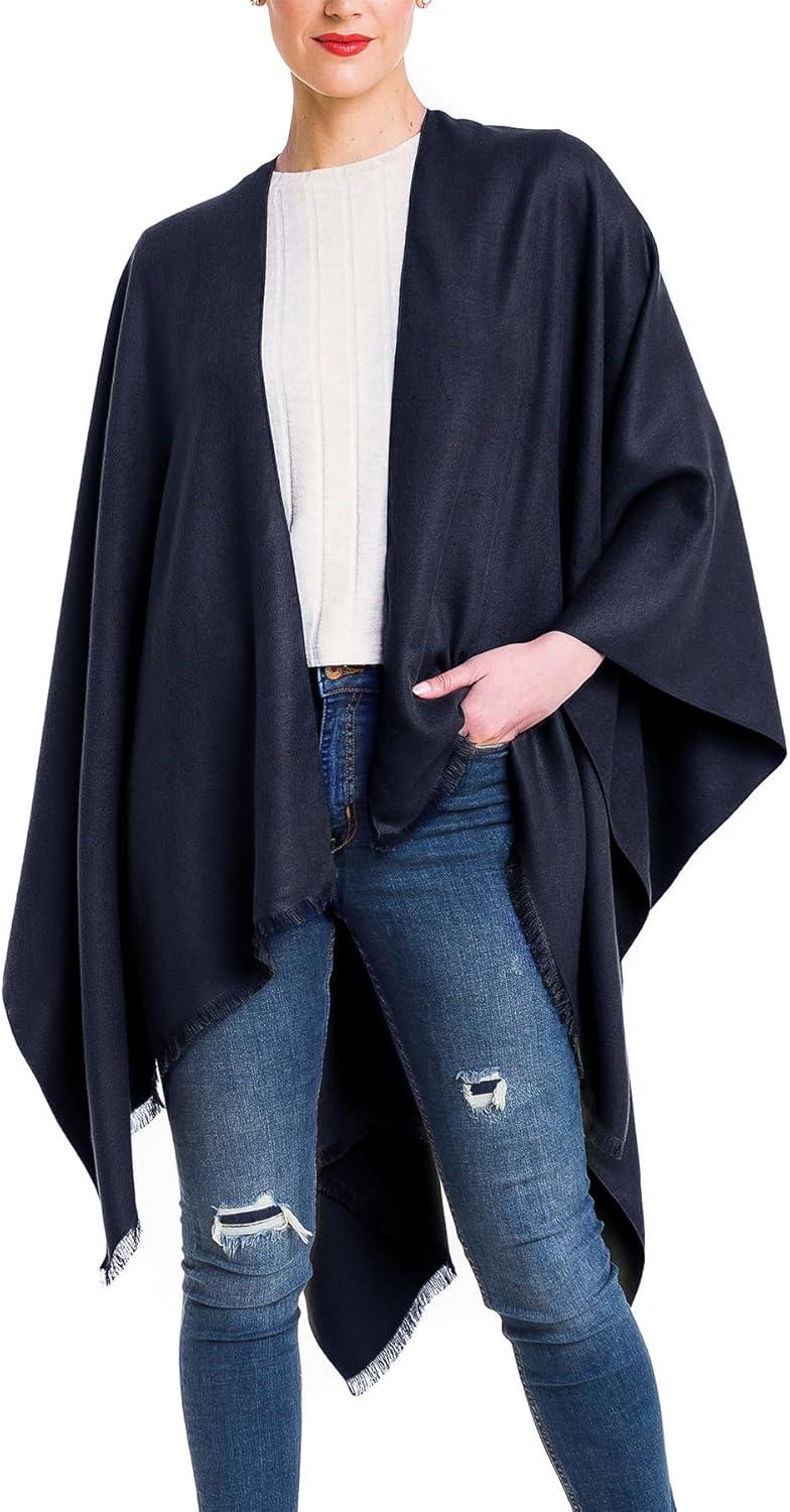 imageWomens Shawl Wrap Poncho Ruana Cape Cardigan Sweater Open Front for Travel Flight CruisesSolid Color Design  Navy