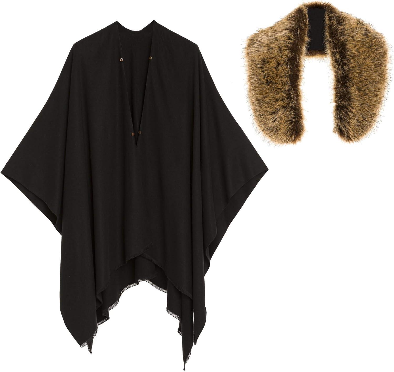 imageWomens Shawl Wrap Poncho Ruana Cape Cardigan Sweater Open Front for Travel Flight CruisesSolid Color With Fur  Black