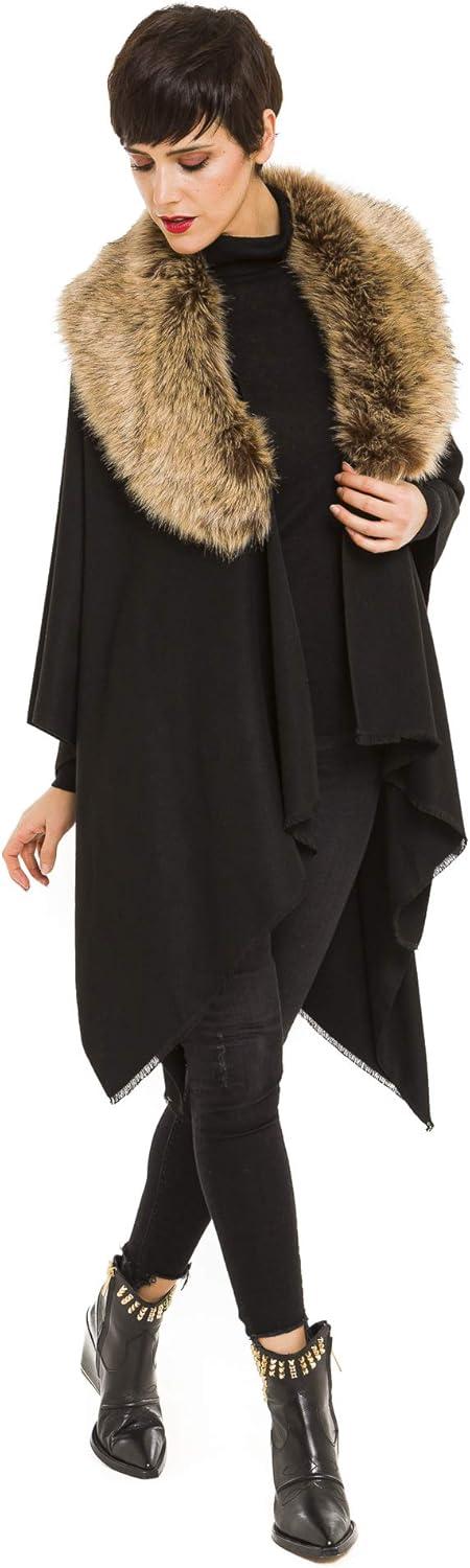 imageWomens Shawl Wrap Poncho Ruana Cape Cardigan Sweater Open Front for Travel Flight CruisesSolid Color With Fur  Black