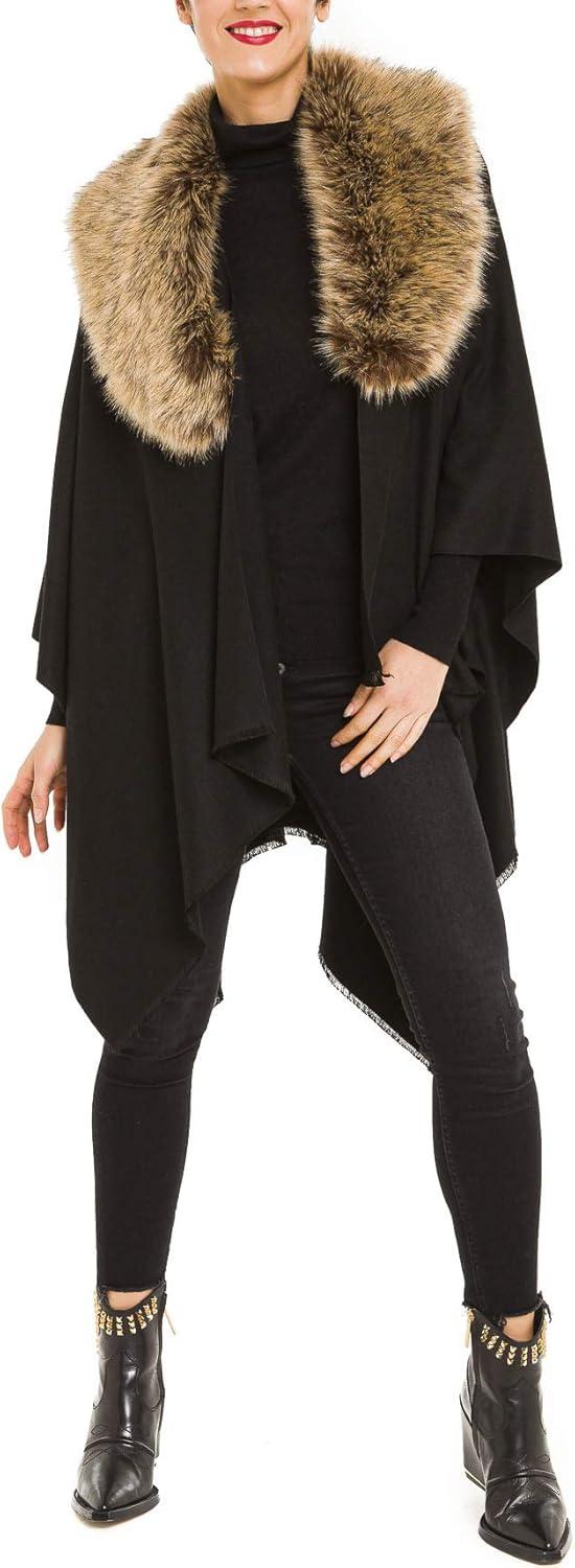 imageWomens Shawl Wrap Poncho Ruana Cape Cardigan Sweater Open Front for Travel Flight CruisesSolid Color With Fur  Black