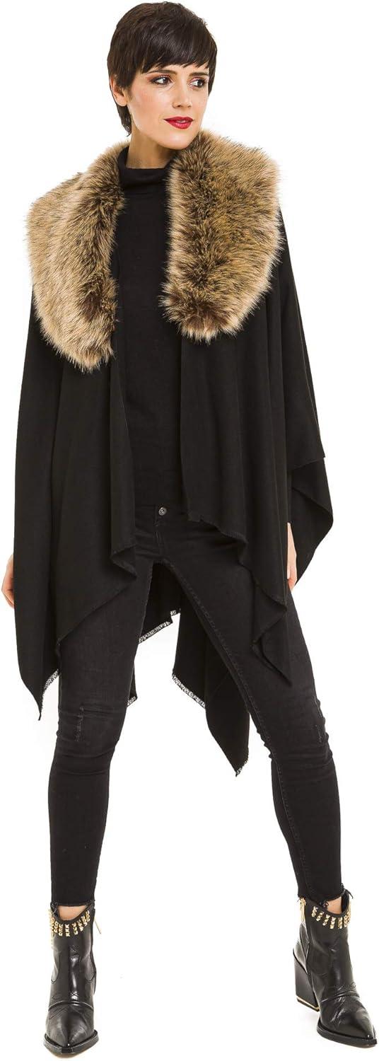 imageWomens Shawl Wrap Poncho Ruana Cape Cardigan Sweater Open Front for Travel Flight CruisesSolid Color With Fur  Black