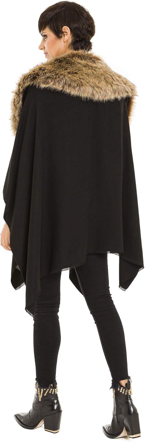 imageWomens Shawl Wrap Poncho Ruana Cape Cardigan Sweater Open Front for Travel Flight CruisesSolid Color With Fur  Black