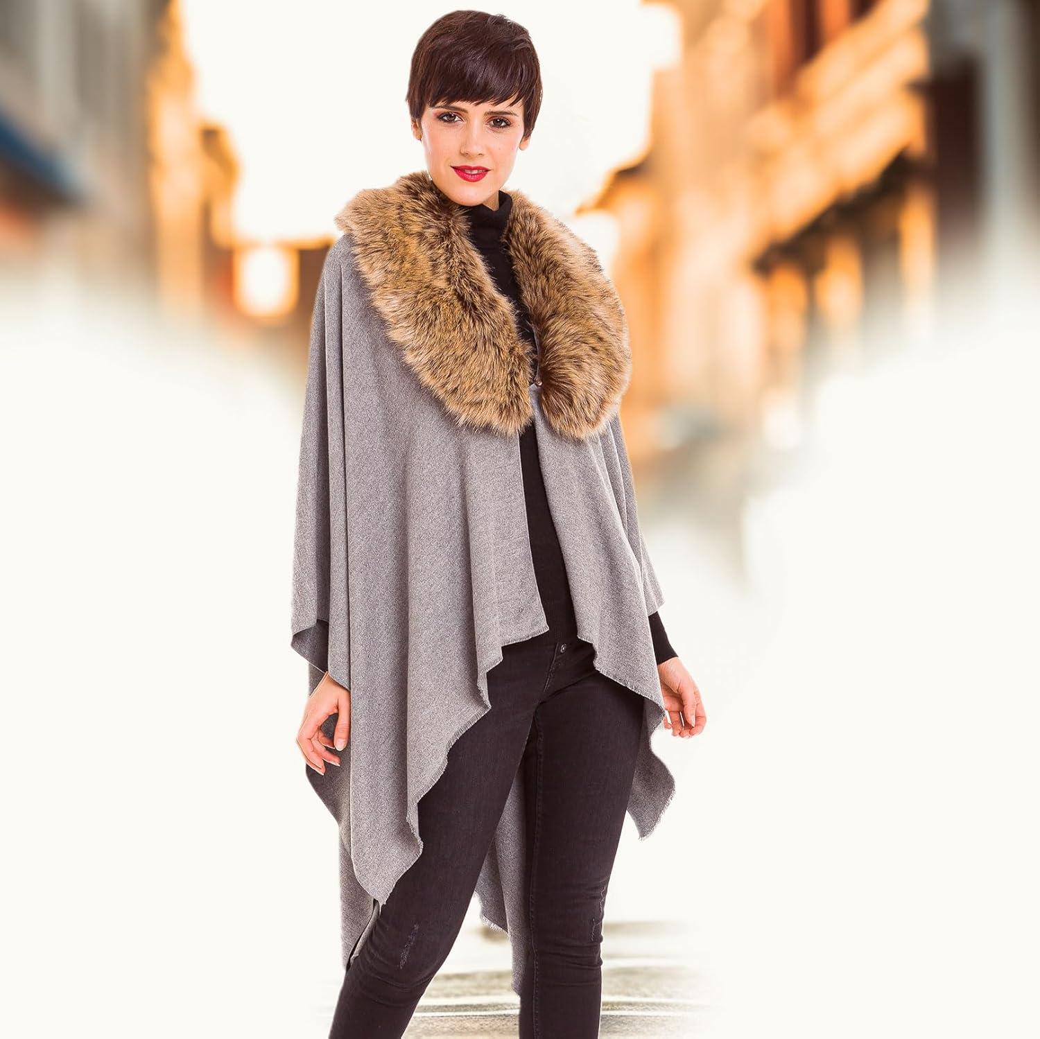 imageWomens Shawl Wrap Poncho Ruana Cape Cardigan Sweater Open Front for Travel Flight CruisesSolid Color With Fur  Gray