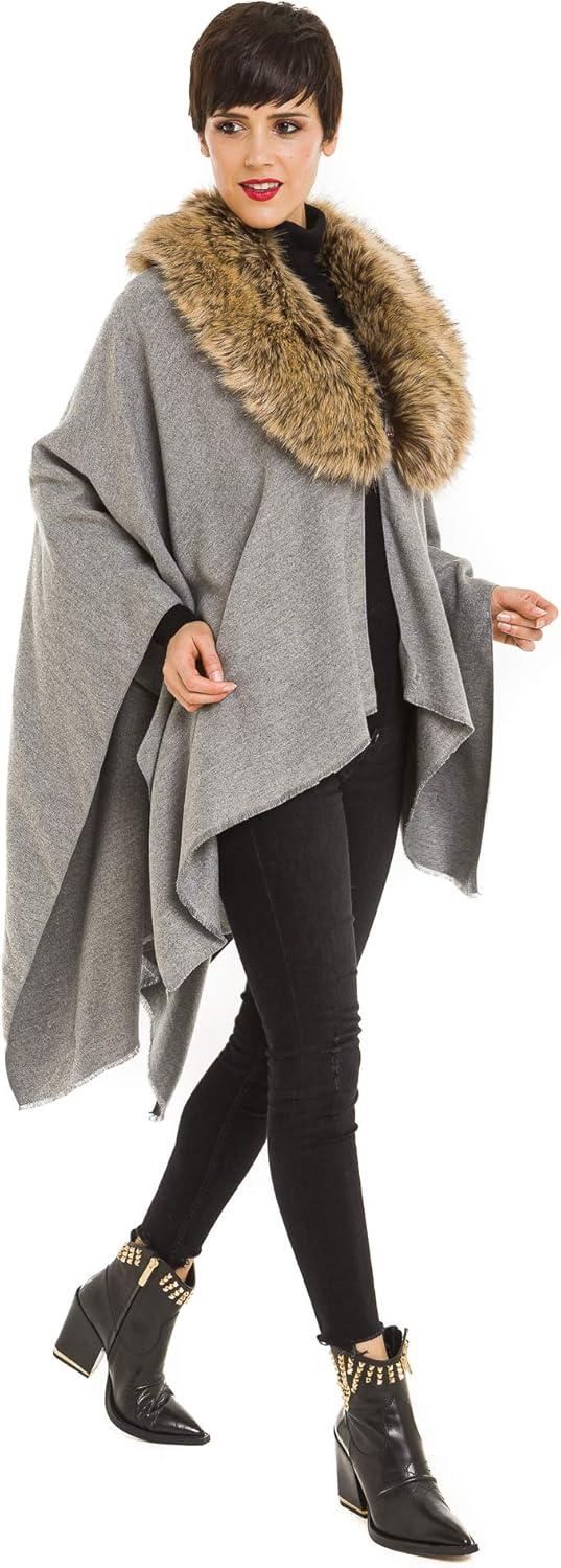 imageWomens Shawl Wrap Poncho Ruana Cape Cardigan Sweater Open Front for Travel Flight CruisesSolid Color With Fur  Gray