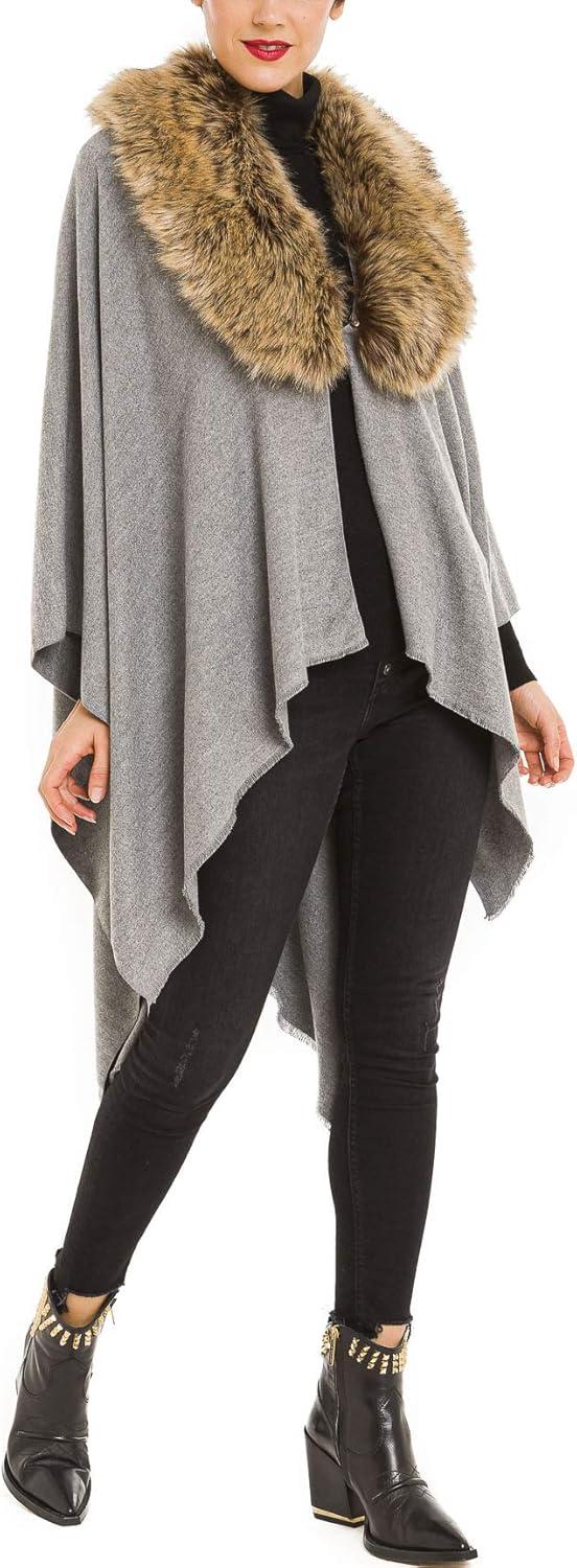 imageWomens Shawl Wrap Poncho Ruana Cape Cardigan Sweater Open Front for Travel Flight CruisesSolid Color With Fur  Gray