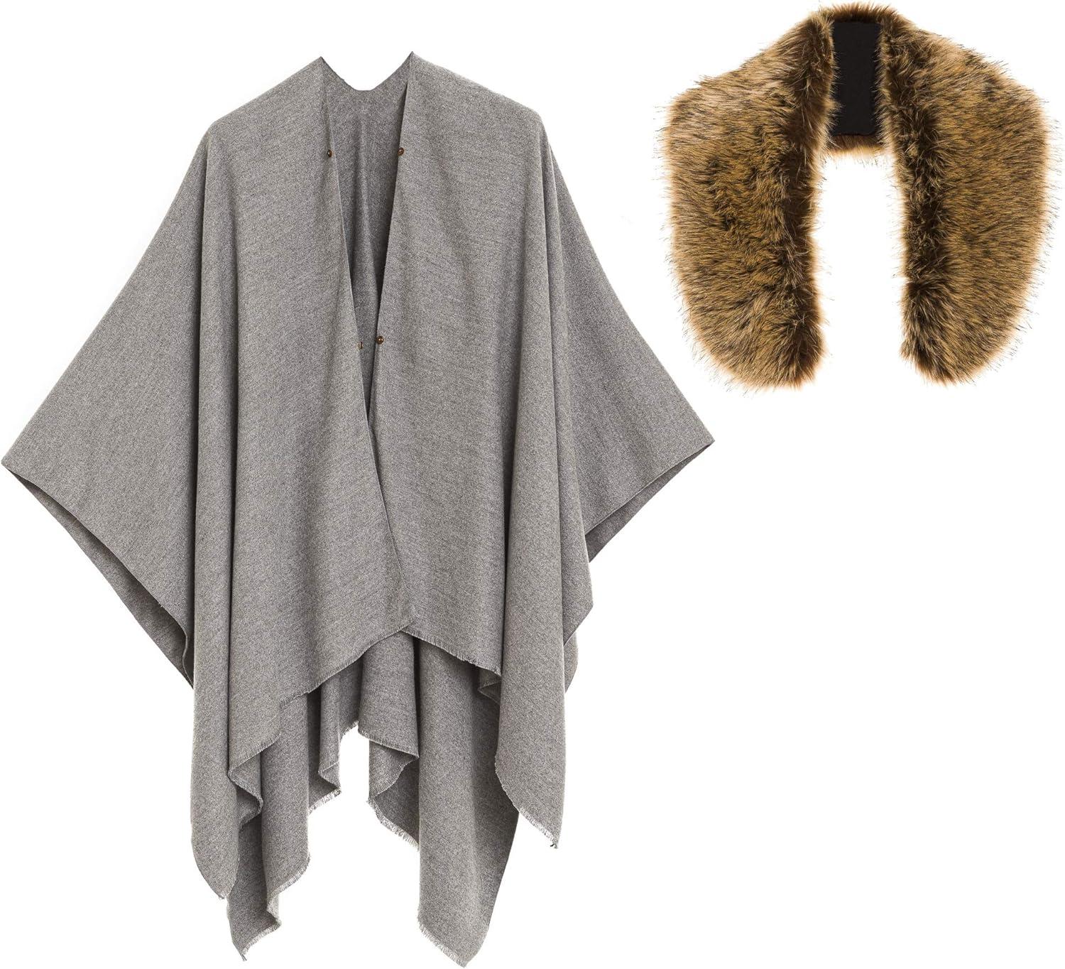 imageWomens Shawl Wrap Poncho Ruana Cape Cardigan Sweater Open Front for Travel Flight CruisesSolid Color With Fur  Gray