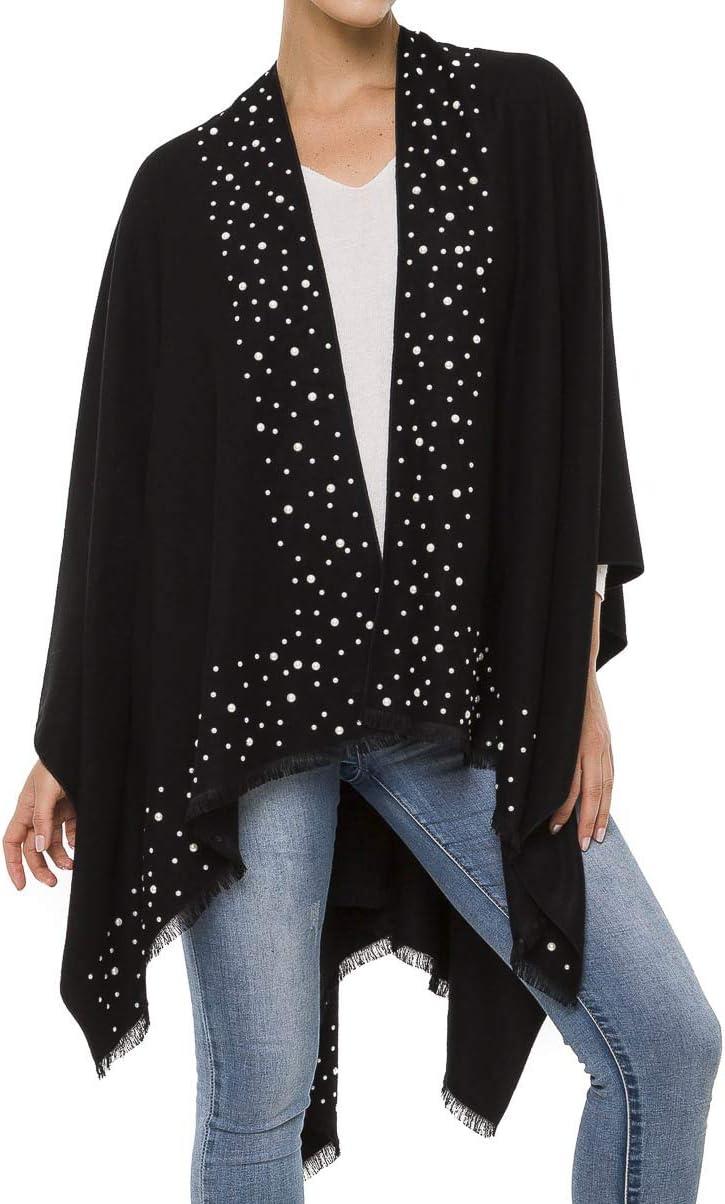 imageWomens Shawl Wrap Poncho Ruana Cape Cardigan Sweater Open Front for Travel Flight CruisesSolid Color With Pearl  Black