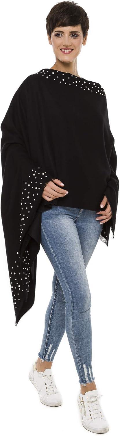 imageWomens Shawl Wrap Poncho Ruana Cape Cardigan Sweater Open Front for Travel Flight CruisesSolid Color With Pearl  Black