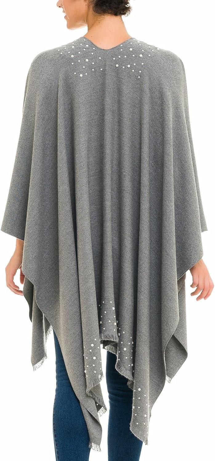 imageWomens Shawl Wrap Poncho Ruana Cape Cardigan Sweater Open Front for Travel Flight CruisesSolid Color With Pearl  Gray