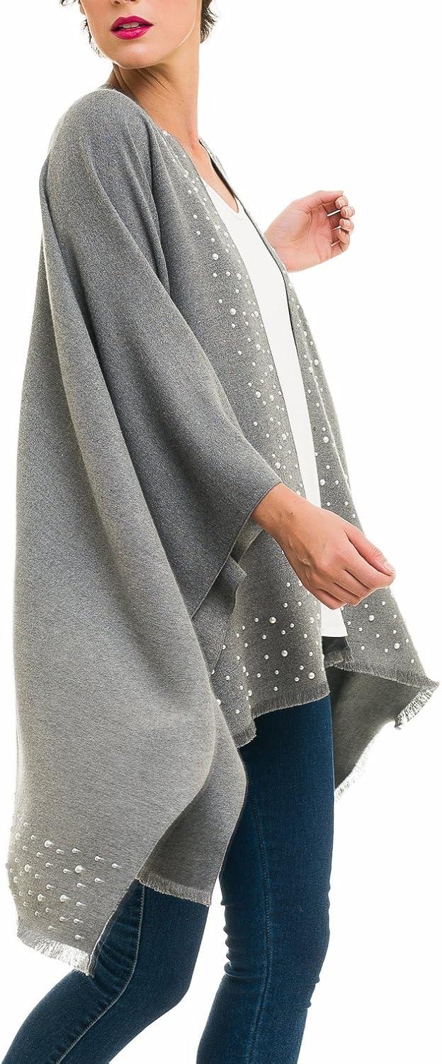 imageWomens Shawl Wrap Poncho Ruana Cape Cardigan Sweater Open Front for Travel Flight CruisesSolid Color With Pearl  Gray