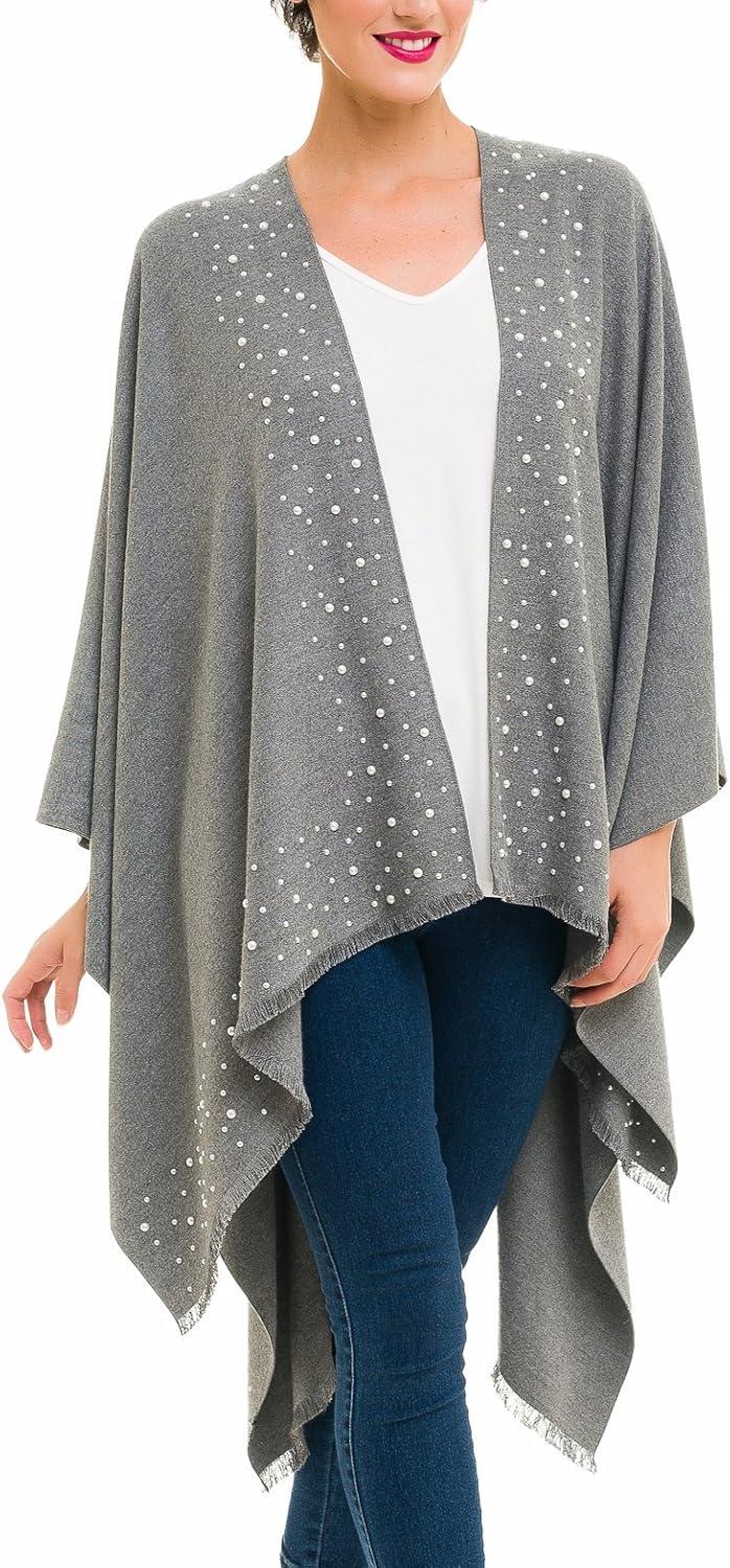 imageWomens Shawl Wrap Poncho Ruana Cape Cardigan Sweater Open Front for Travel Flight CruisesSolid Color With Pearl  Gray