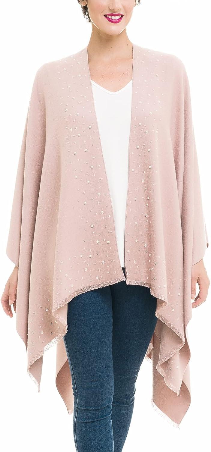 imageWomens Shawl Wrap Poncho Ruana Cape Cardigan Sweater Open Front for Travel Flight CruisesSolid Color With Pearl  Mauve