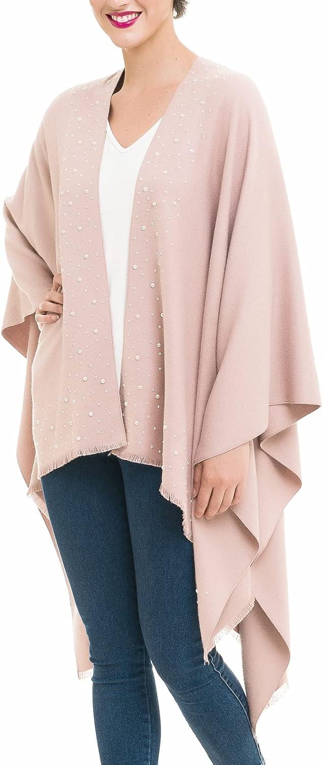 imageWomens Shawl Wrap Poncho Ruana Cape Cardigan Sweater Open Front for Travel Flight CruisesSolid Color With Pearl  Mauve