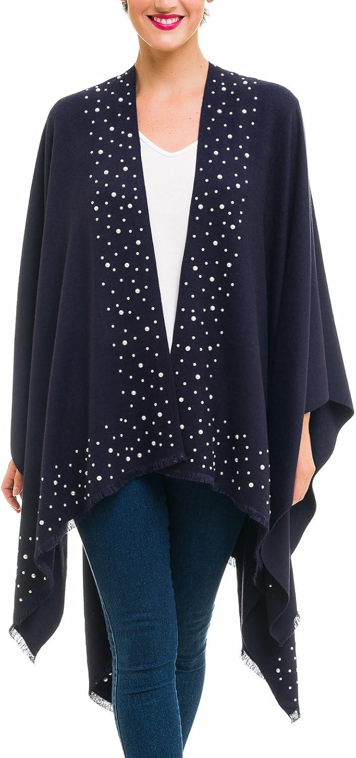imageWomens Shawl Wrap Poncho Ruana Cape Cardigan Sweater Open Front for Travel Flight CruisesSolid Color With Pearl  Navy Blue