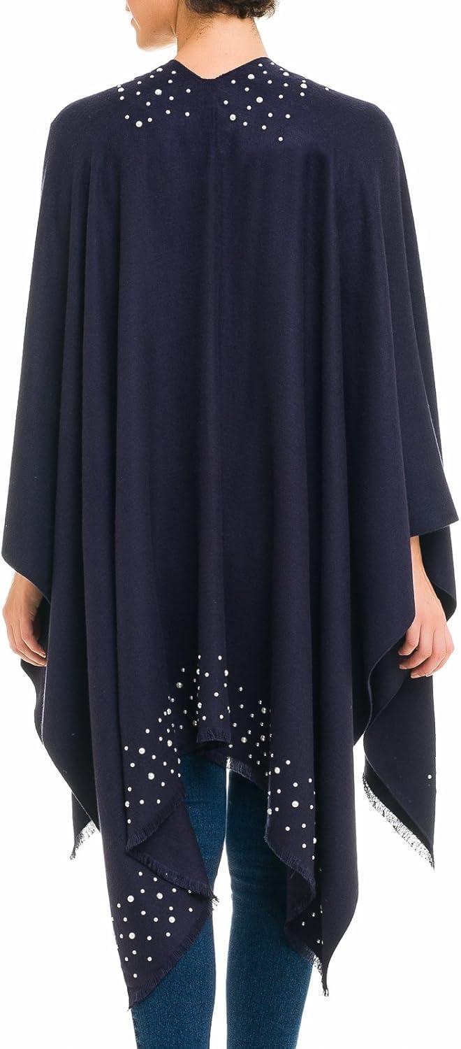 imageWomens Shawl Wrap Poncho Ruana Cape Cardigan Sweater Open Front for Travel Flight CruisesSolid Color With Pearl  Navy Blue