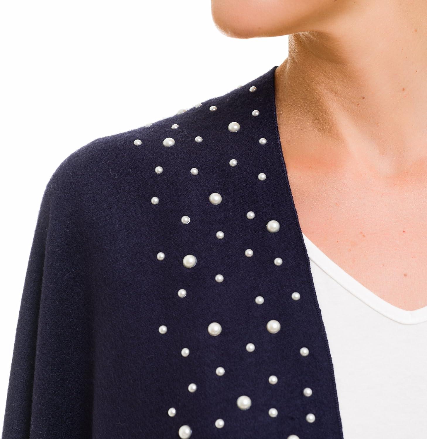 imageWomens Shawl Wrap Poncho Ruana Cape Cardigan Sweater Open Front for Travel Flight CruisesSolid Color With Pearl  Navy Blue