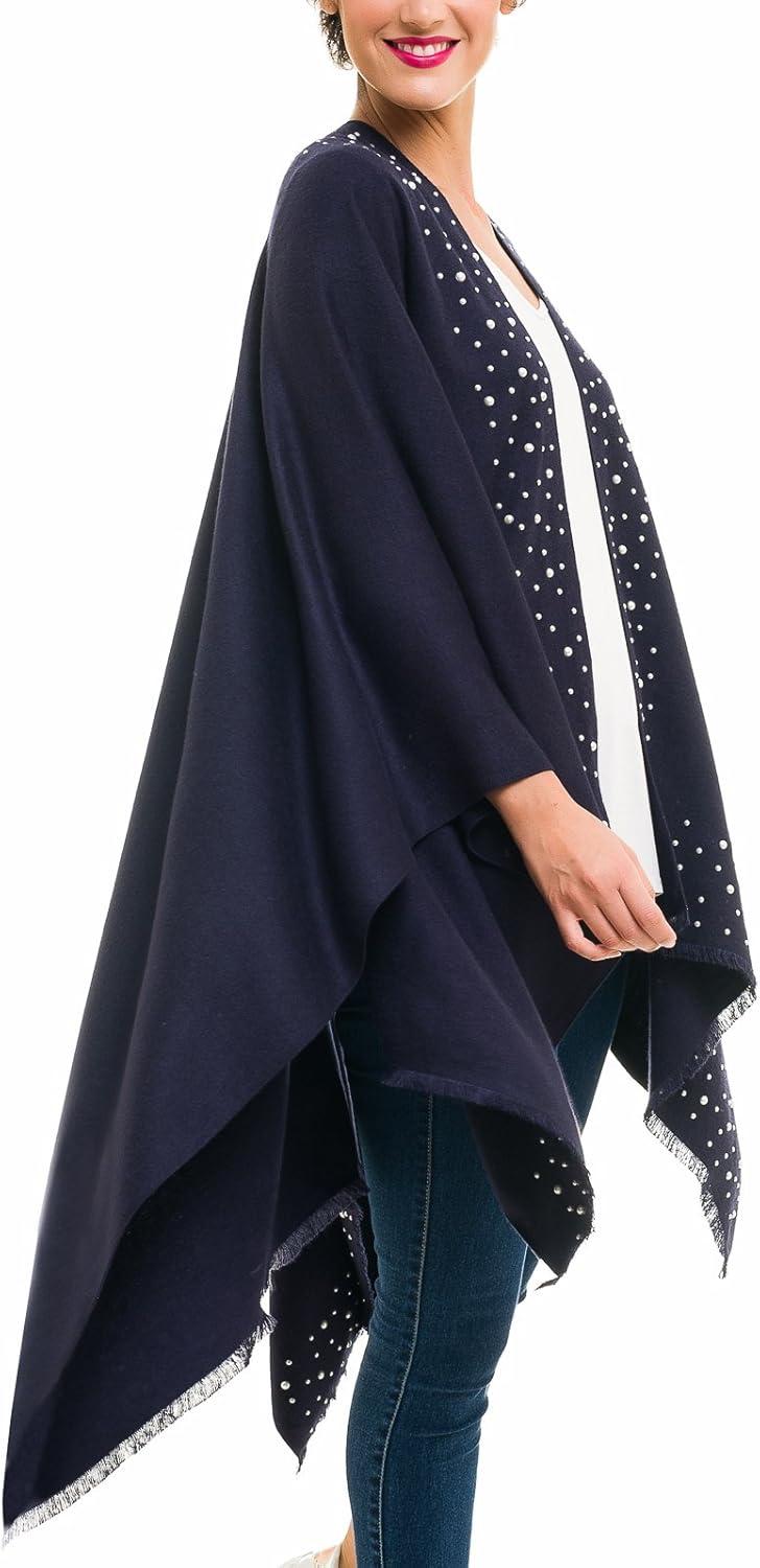 imageWomens Shawl Wrap Poncho Ruana Cape Cardigan Sweater Open Front for Travel Flight CruisesSolid Color With Pearl  Navy Blue