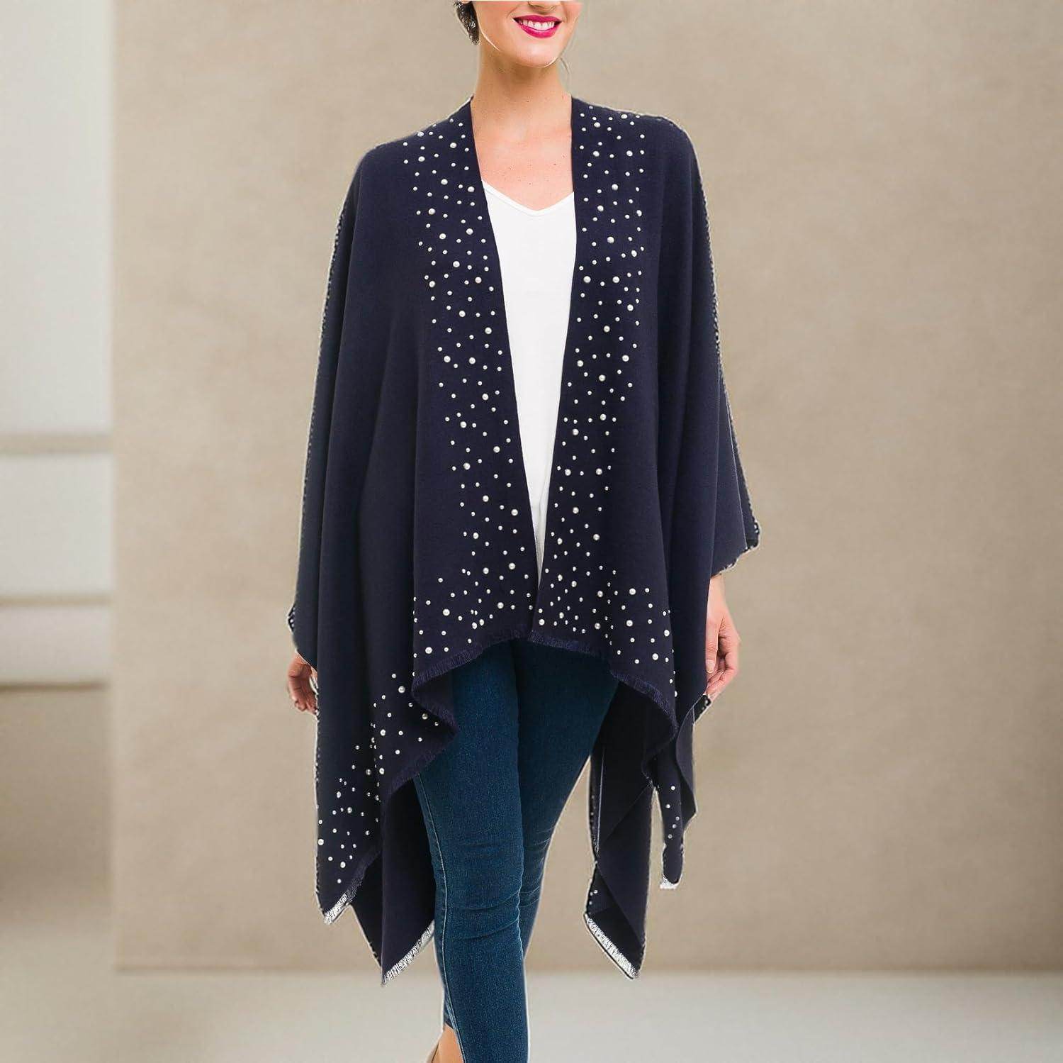 imageWomens Shawl Wrap Poncho Ruana Cape Cardigan Sweater Open Front for Travel Flight CruisesSolid Color With Pearl  Navy Blue