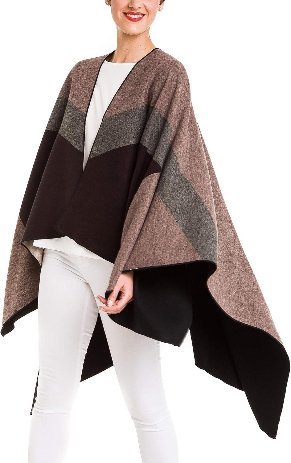 imageWomens Shawl Wrap Poncho Ruana Cape Cardigan Sweater Open Front for Travel Flight CruisesSpanish Design  1 Geometric Brown Gray