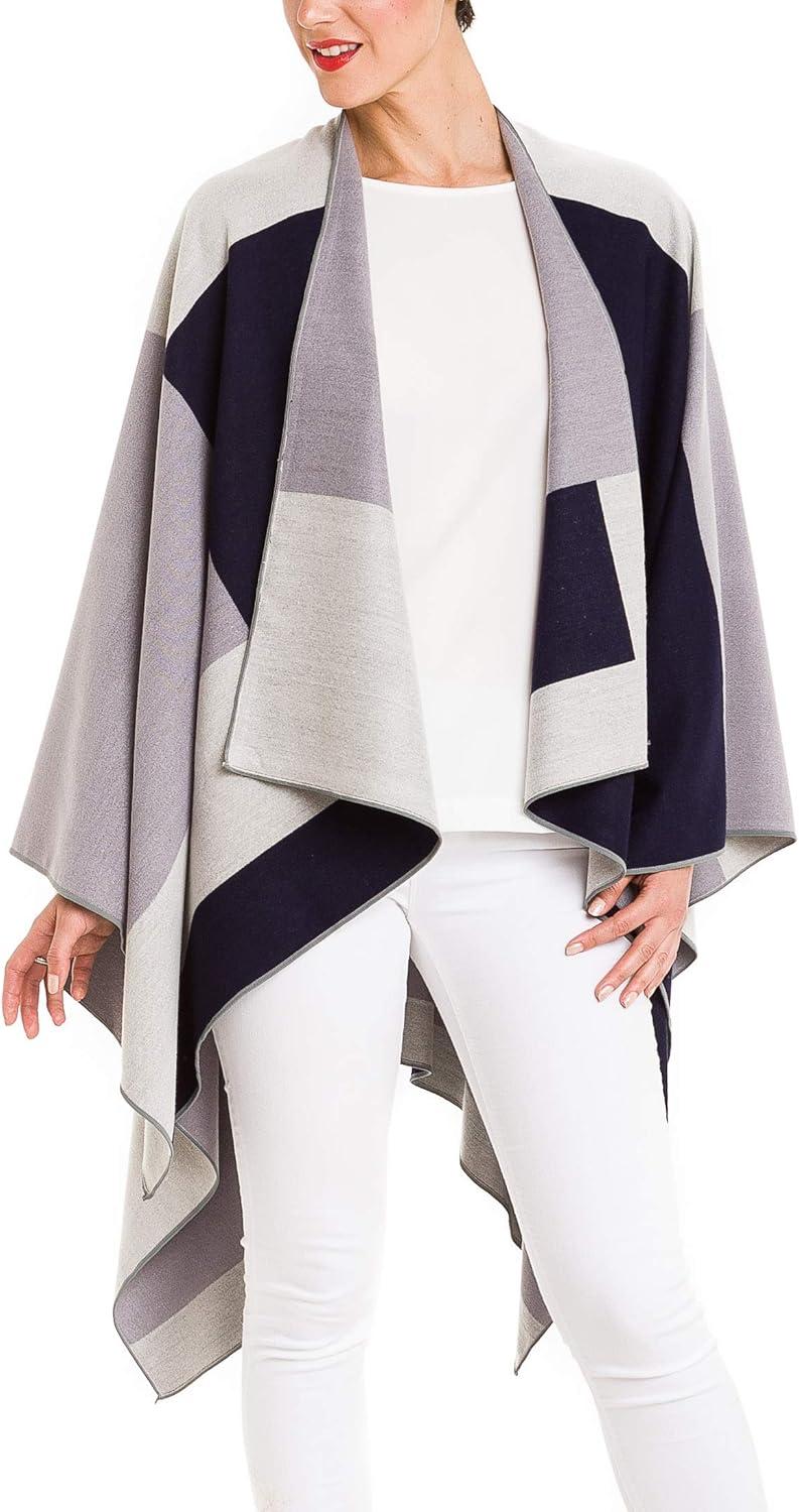 imageWomens Shawl Wrap Poncho Ruana Cape Cardigan Sweater Open Front for Travel Flight CruisesSpanish Design  1 Geometric Navy Gray