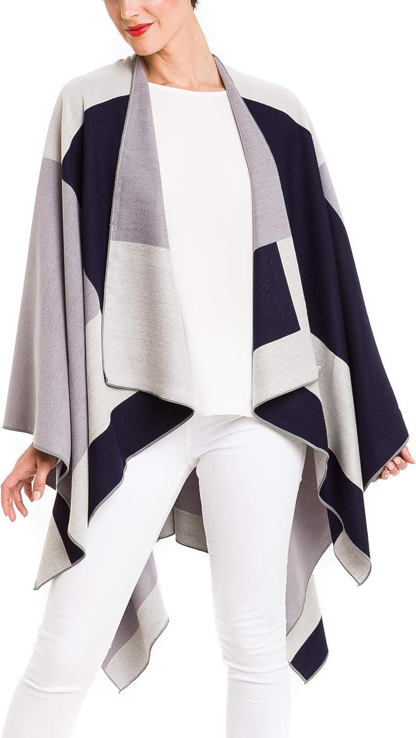 imageWomens Shawl Wrap Poncho Ruana Cape Cardigan Sweater Open Front for Travel Flight CruisesSpanish Design  1 Geometric Navy Gray