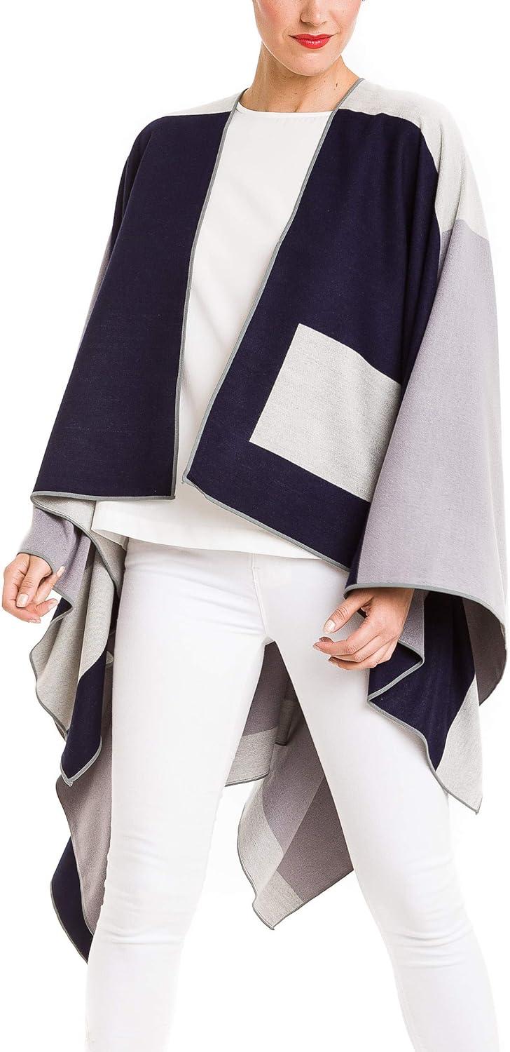 imageWomens Shawl Wrap Poncho Ruana Cape Cardigan Sweater Open Front for Travel Flight CruisesSpanish Design  1 Geometric Navy Gray
