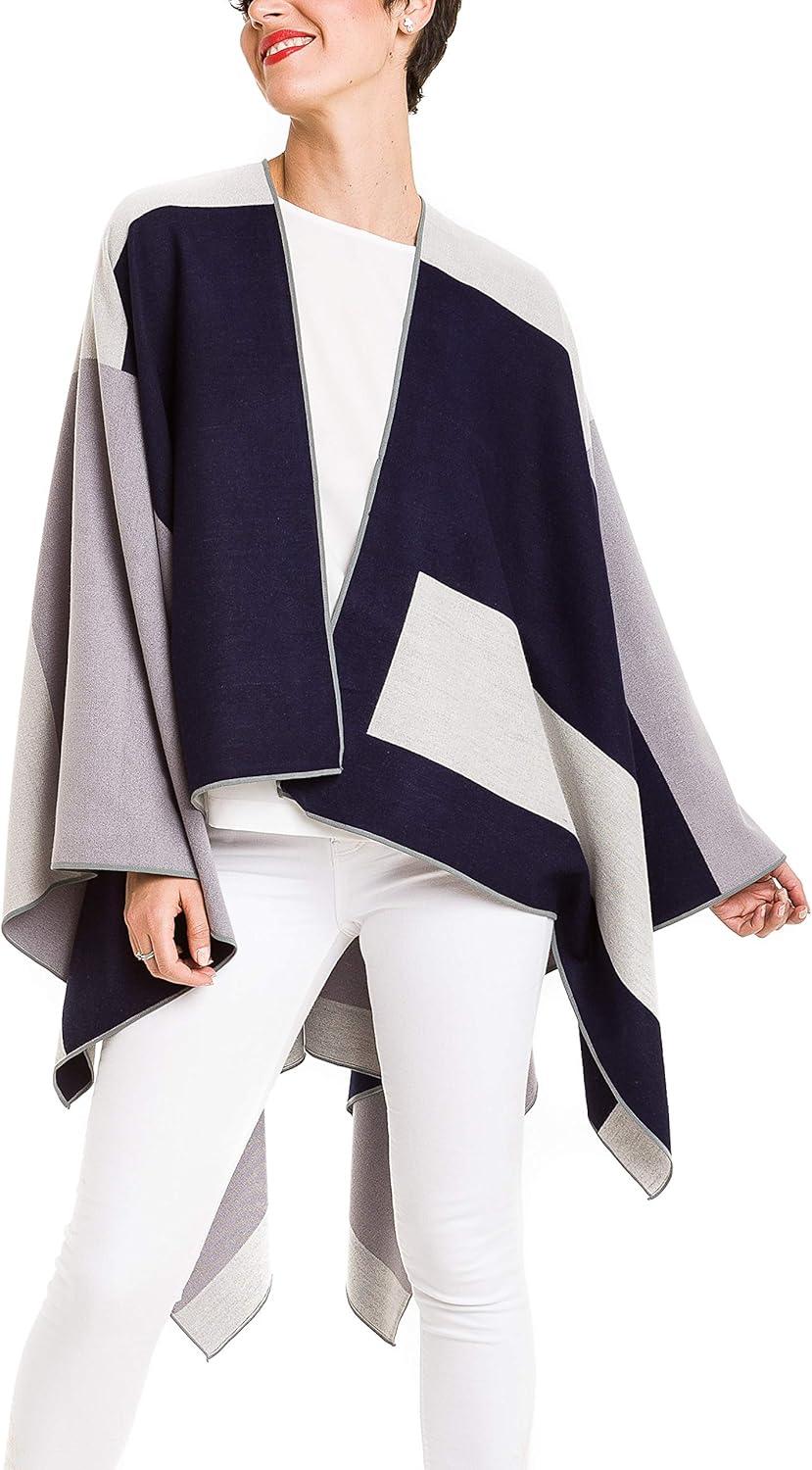 imageWomens Shawl Wrap Poncho Ruana Cape Cardigan Sweater Open Front for Travel Flight CruisesSpanish Design  1 Geometric Navy Gray