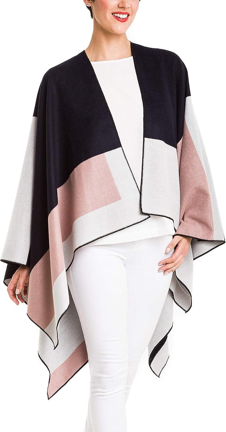 imageWomens Shawl Wrap Poncho Ruana Cape Cardigan Sweater Open Front for Travel Flight CruisesSpanish Design  1 Geometric Pink Navy
