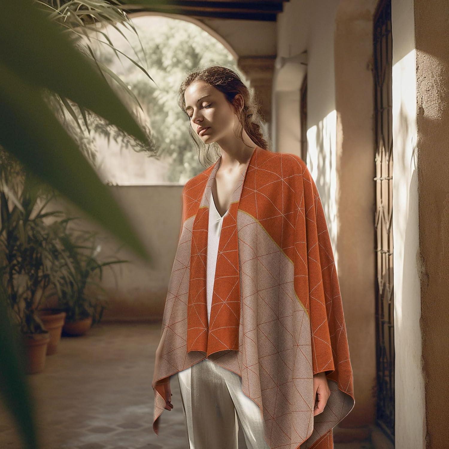 imageWomens Shawl Wrap Poncho Ruana Cape Cardigan Sweater Open Front for Travel Flight CruisesSpanish Design  2 Orange Beige