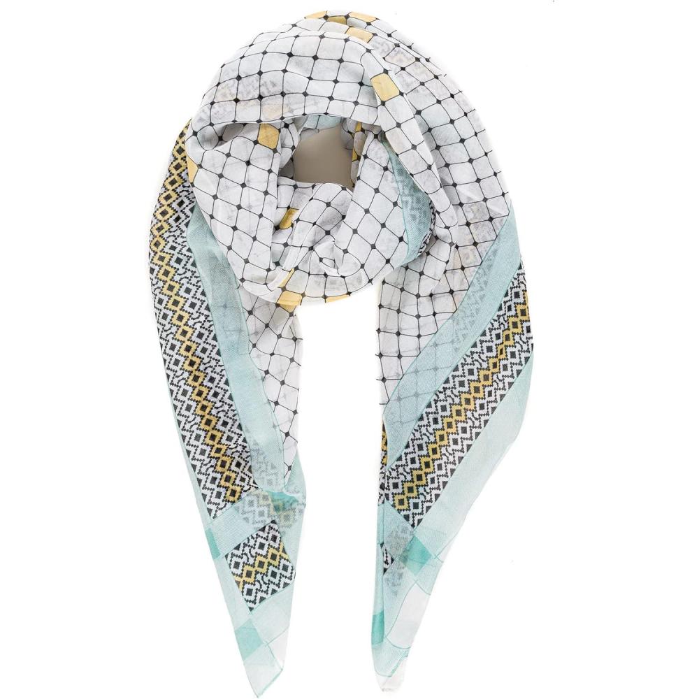 imageMELIFLUOS DESIGNED IN SPAIN Scarf for Women Lightweight Geometric Fashion For Summer Fall Scarves Shawl WrapsMadrid Collection 1  White and Aqua Geometric