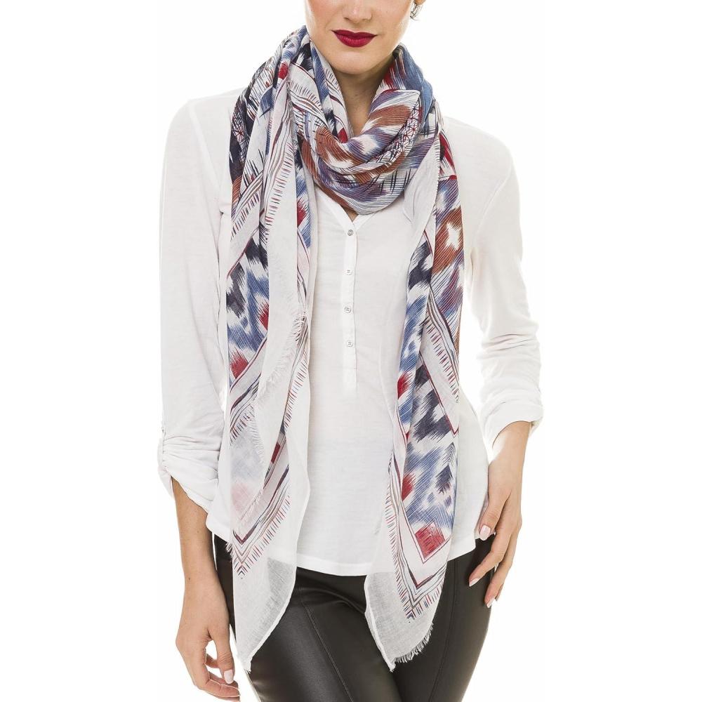 imageMELIFLUOS DESIGNED IN SPAIN Scarf for Women Lightweight Geometric Fashion For Summer Fall Scarves Shawl WrapsMadrid Collections 14  White Blue Geometric