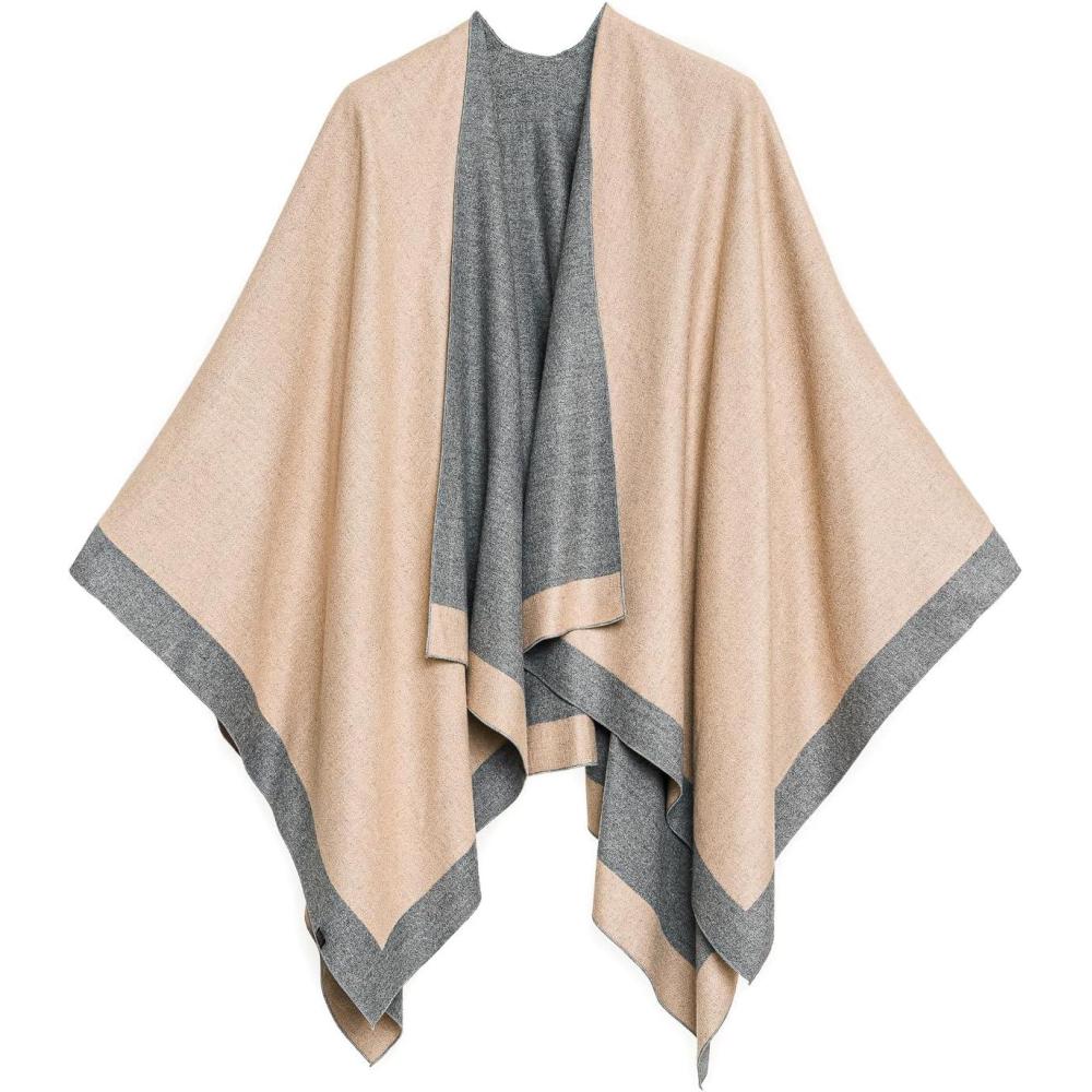 imageWomens Shawl Wrap Poncho Ruana Cape Cardigan Sweater Open Front for Fall WinterBorder Color Designs  Beige and Gray