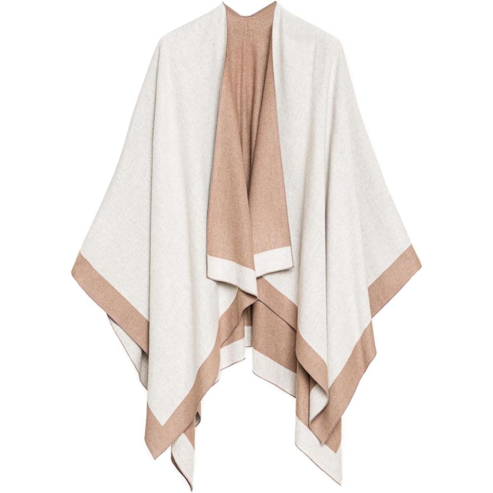 imageWomens Shawl Wrap Poncho Ruana Cape Cardigan Sweater Open Front for Fall WinterBorder Color Designs  Off White and Beige