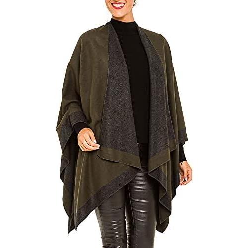 imageWomens Shawl Wrap Poncho Ruana Cape Cardigan Sweater Open Front for Fall WinterBorder Design  Army Green and Gray