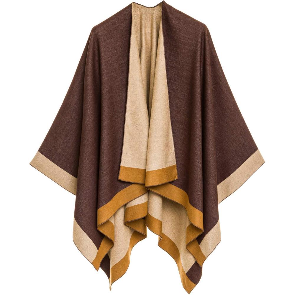 imageWomens Shawl Wrap Poncho Ruana Cape Cardigan Sweater Open Front for Fall WinterBorder Design  Beige and Brown