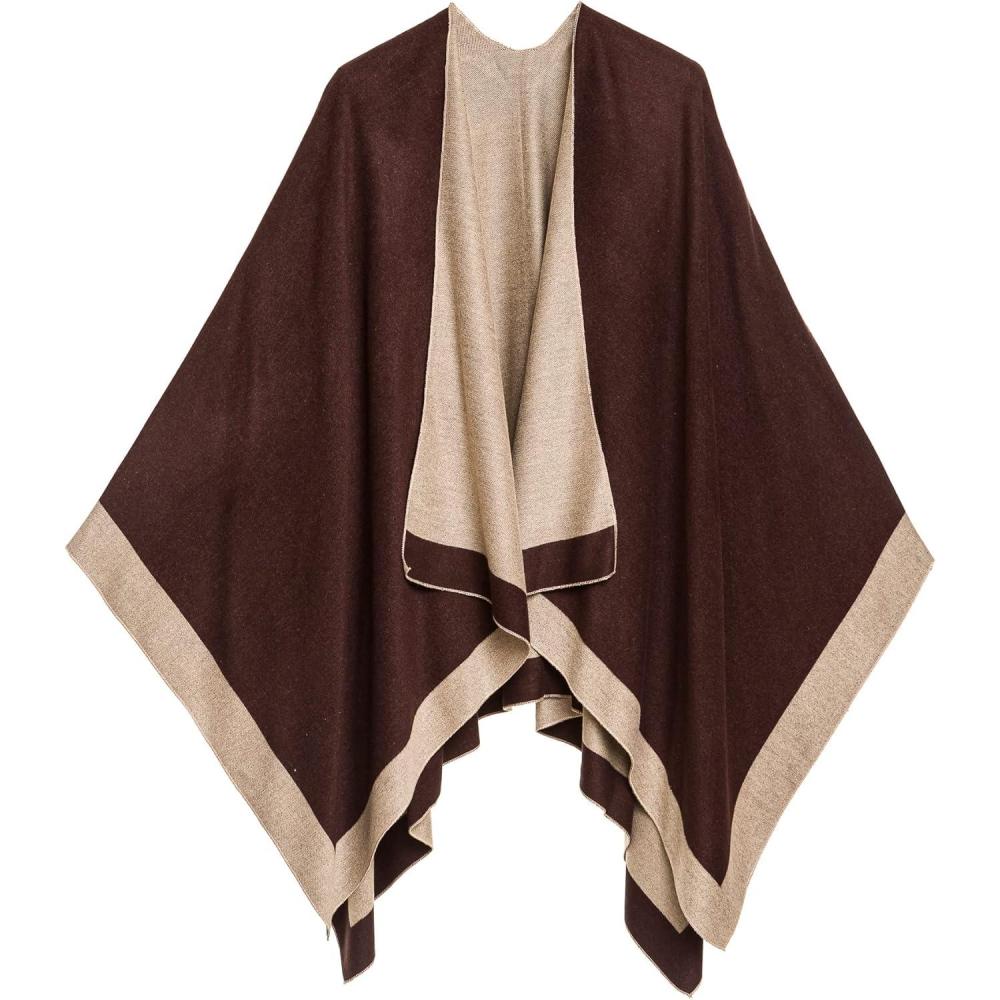 imageWomens Shawl Wrap Poncho Ruana Cape Cardigan Sweater Open Front for Fall WinterBorder Design  Beige and Dark Brown