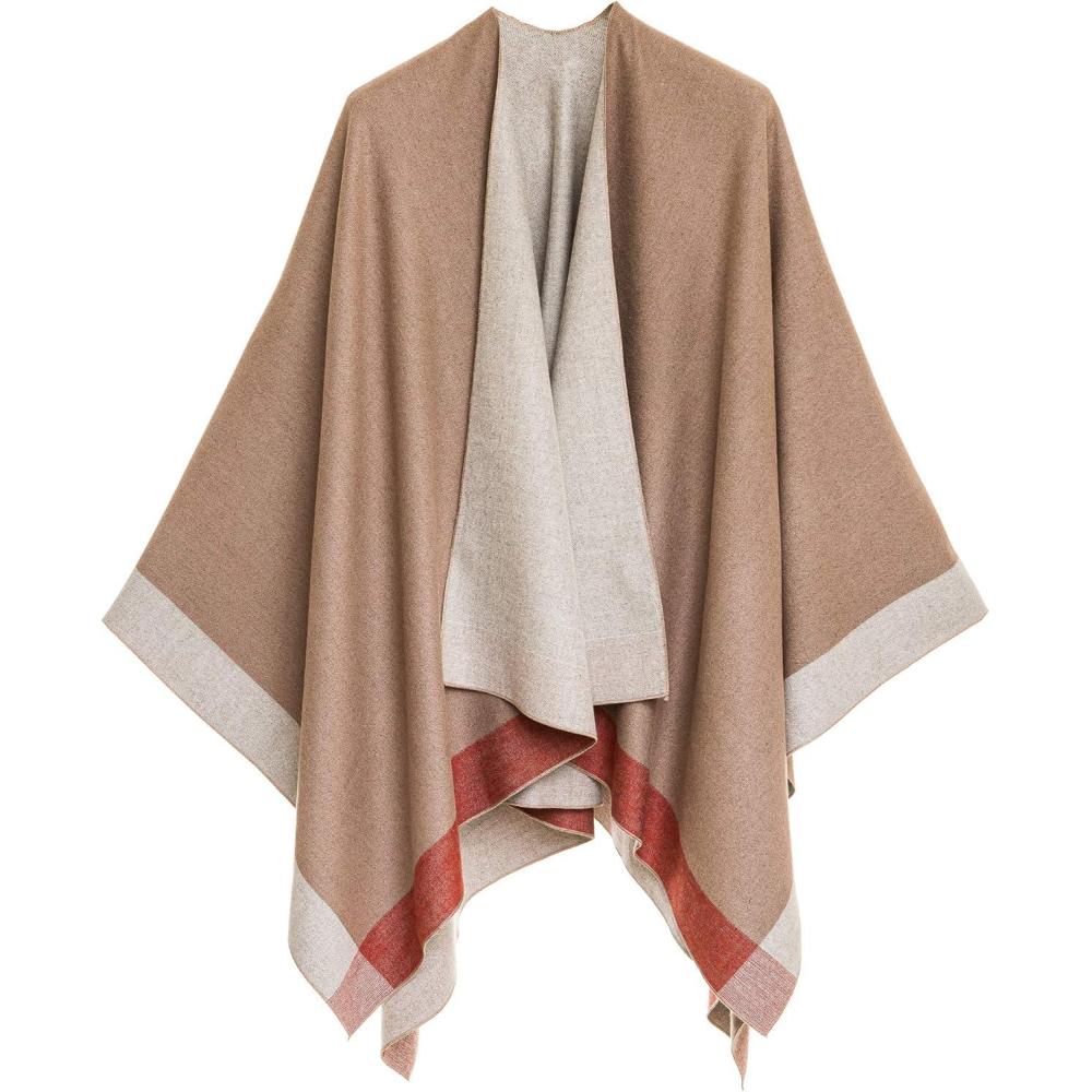imageWomens Shawl Wrap Poncho Ruana Cape Cardigan Sweater Open Front for Fall WinterBorder Design  Beige and Gray