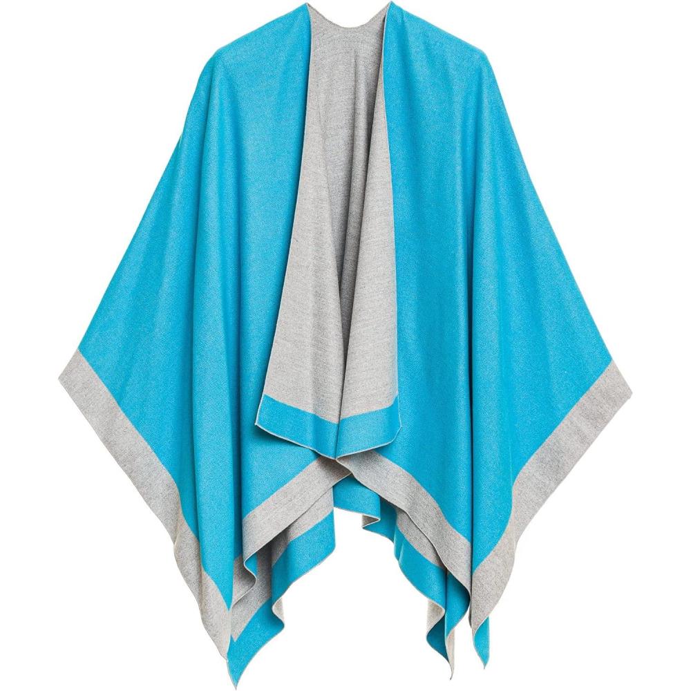 imageWomens Shawl Wrap Poncho Ruana Cape Cardigan Sweater Open Front for Fall WinterBorder Design  Blue and Gray