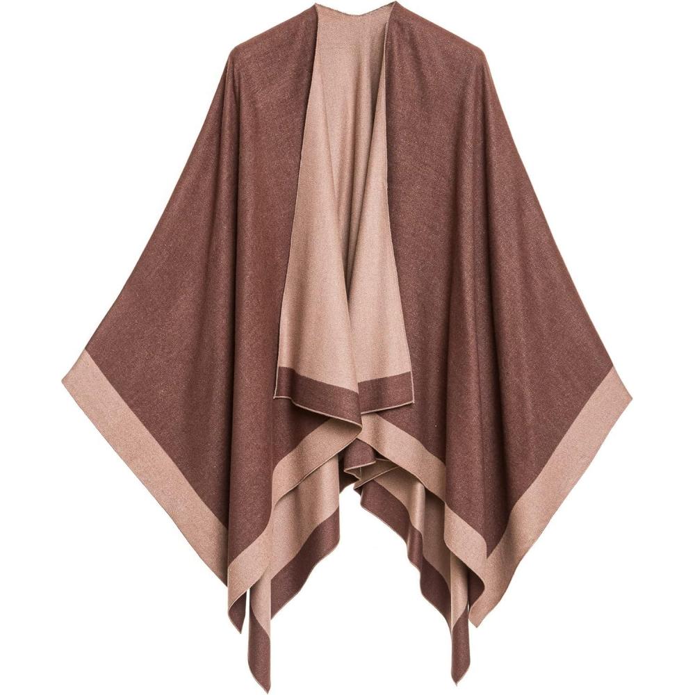 imageWomens Shawl Wrap Poncho Ruana Cape Cardigan Sweater Open Front for Fall WinterBorder Design  Brown and Beige