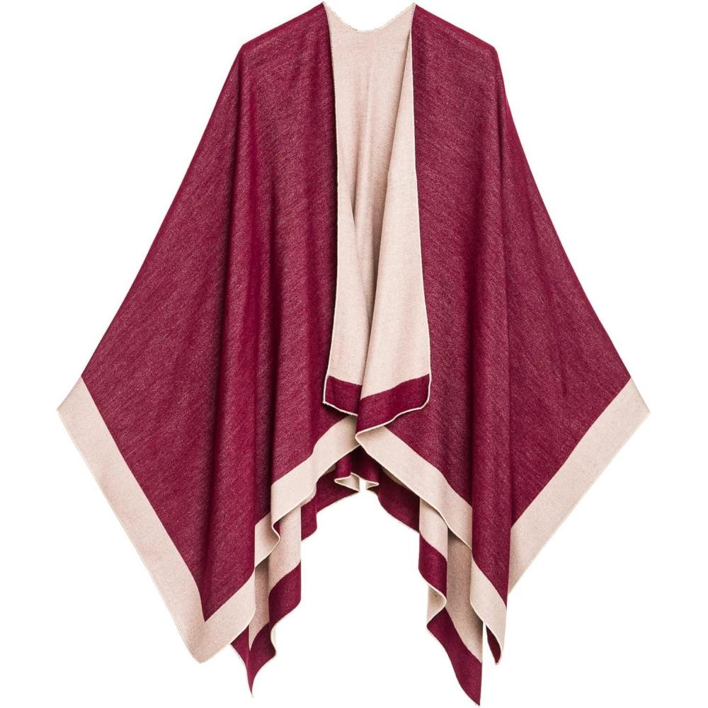 imageWomens Shawl Wrap Poncho Ruana Cape Cardigan Sweater Open Front for Fall WinterBorder Design  Burgundy and Beige