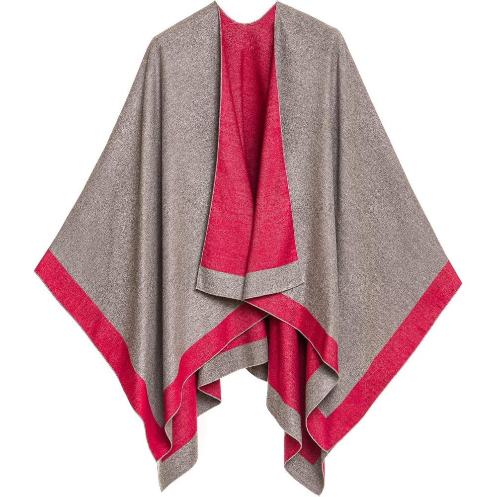 imageWomens Shawl Wrap Poncho Ruana Cape Cardigan Sweater Open Front for Fall WinterBorder Design  Burgundy and Light Gray