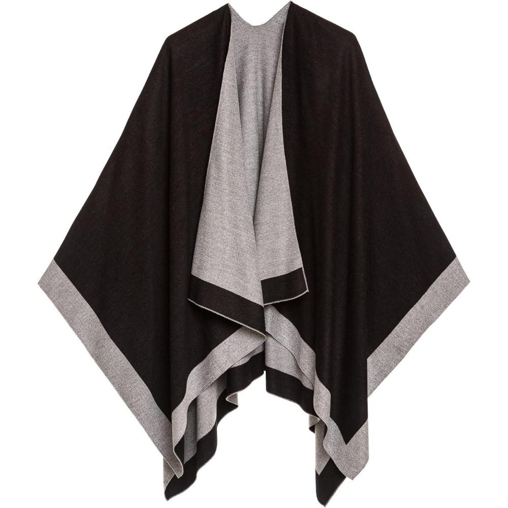 imageWomens Shawl Wrap Poncho Ruana Cape Cardigan Sweater Open Front for Fall WinterBorder Design  Dark Gray and Brown