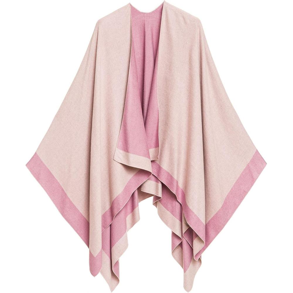 imageWomens Shawl Wrap Poncho Ruana Cape Cardigan Sweater Open Front for Fall WinterBorder Design  Double Pink