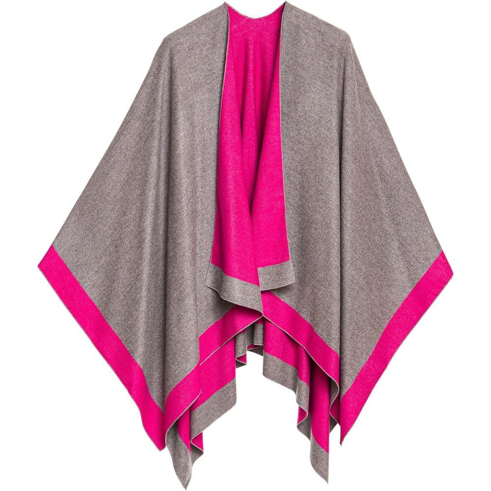 imageWomens Shawl Wrap Poncho Ruana Cape Cardigan Sweater Open Front for Fall WinterBorder Design  Fuschia and Gray