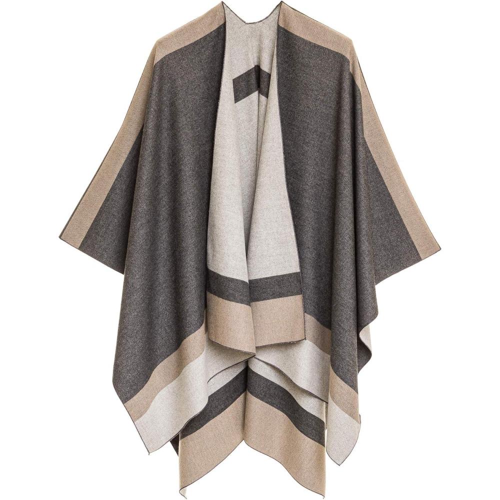 imageWomens Shawl Wrap Poncho Ruana Cape Cardigan Sweater Open Front for Fall WinterBorder Design  Gray and Beige