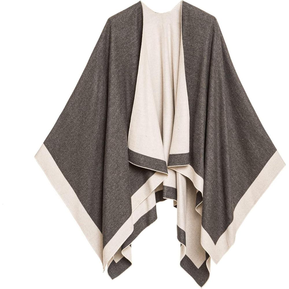 imageWomens Shawl Wrap Poncho Ruana Cape Cardigan Sweater Open Front for Fall WinterBorder Design  Gray and Light Beige Ii