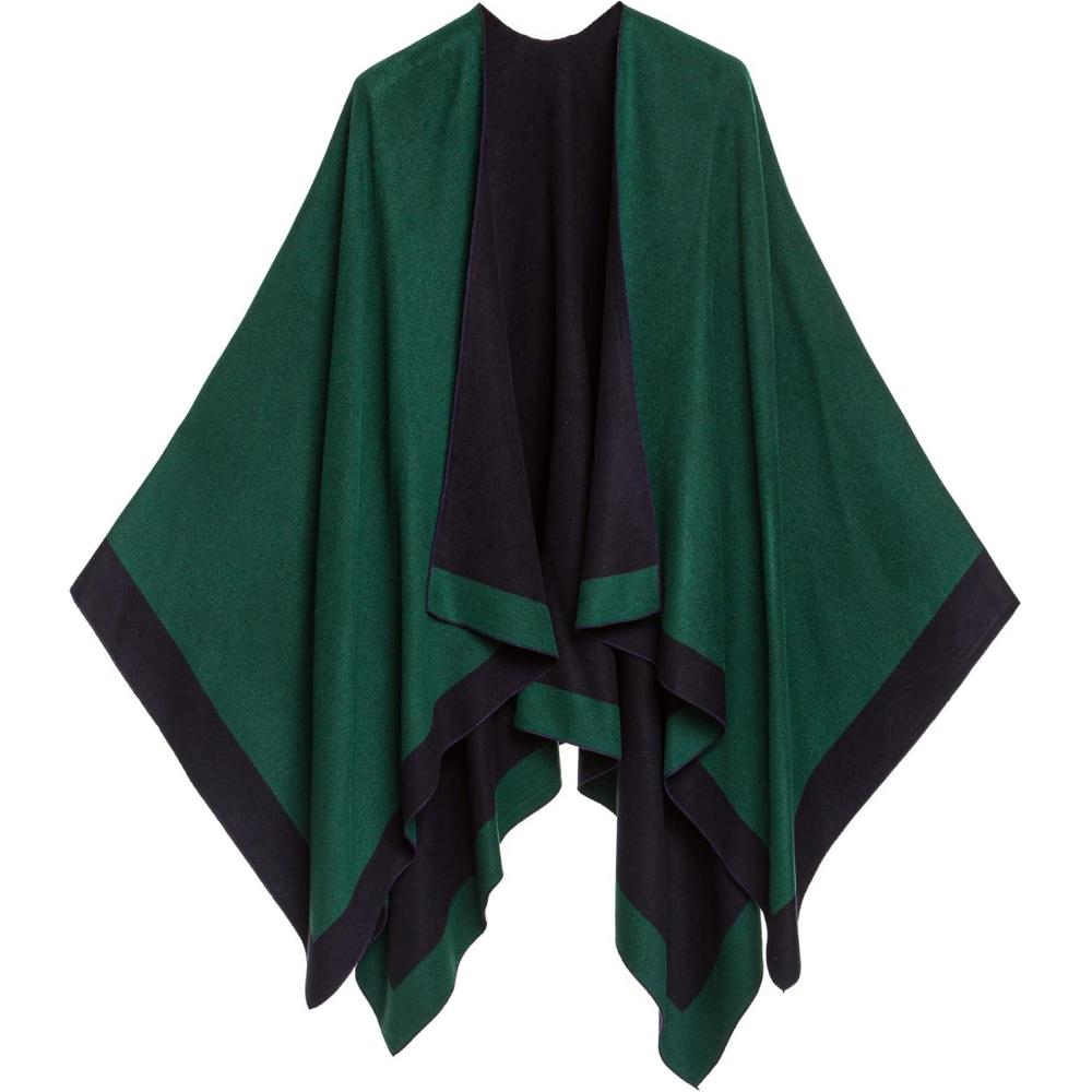 imageWomens Shawl Wrap Poncho Ruana Cape Cardigan Sweater Open Front for Fall WinterBorder Design  Green and Navy