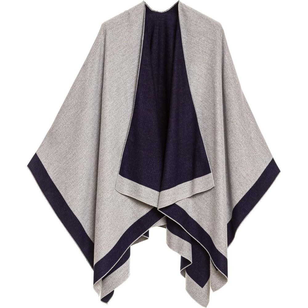imageWomens Shawl Wrap Poncho Ruana Cape Cardigan Sweater Open Front for Fall WinterBorder Design  Navy and Light Gray
